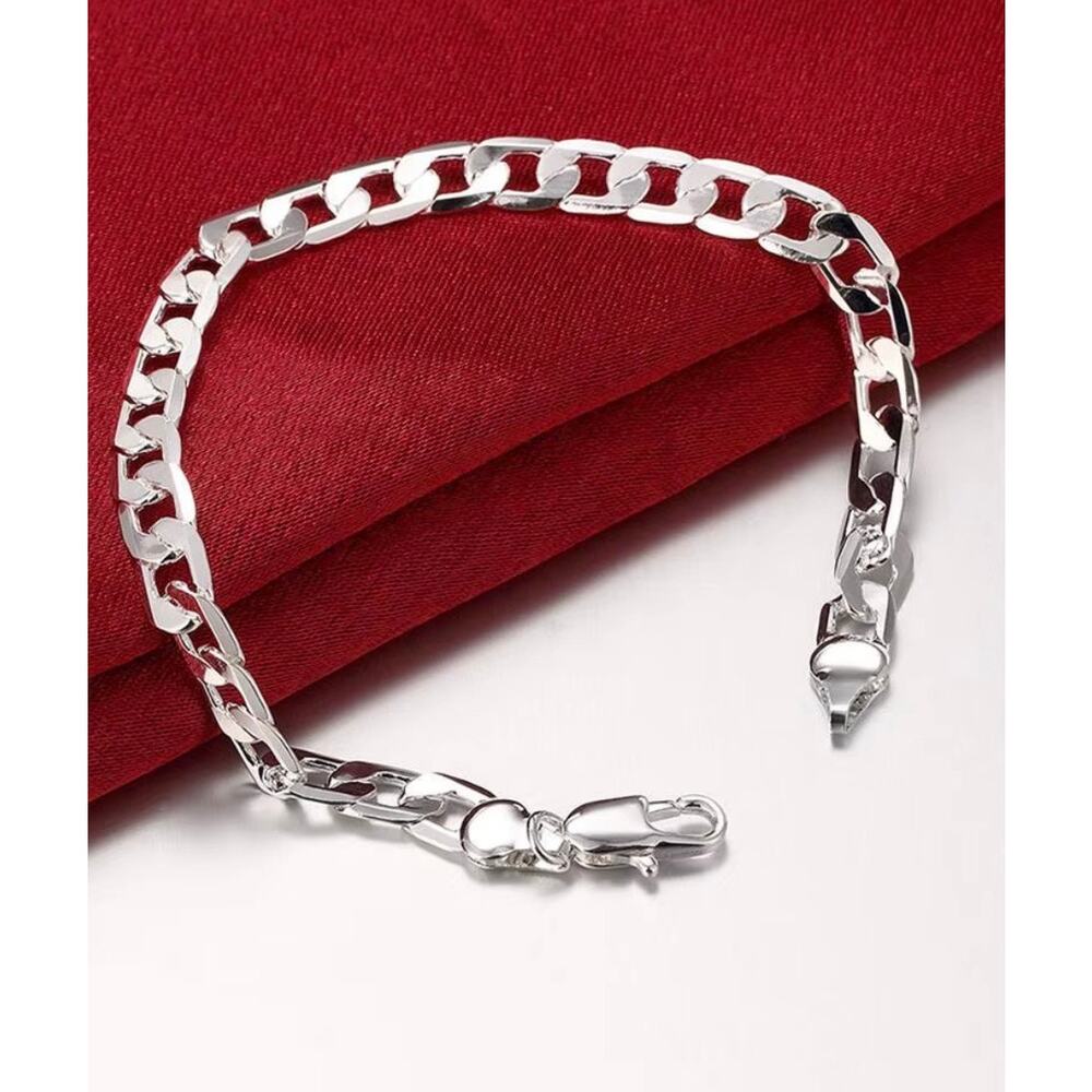 6MM 925Sterling Silver Cuban Chain flat Bracelet for Men &Women 20CM